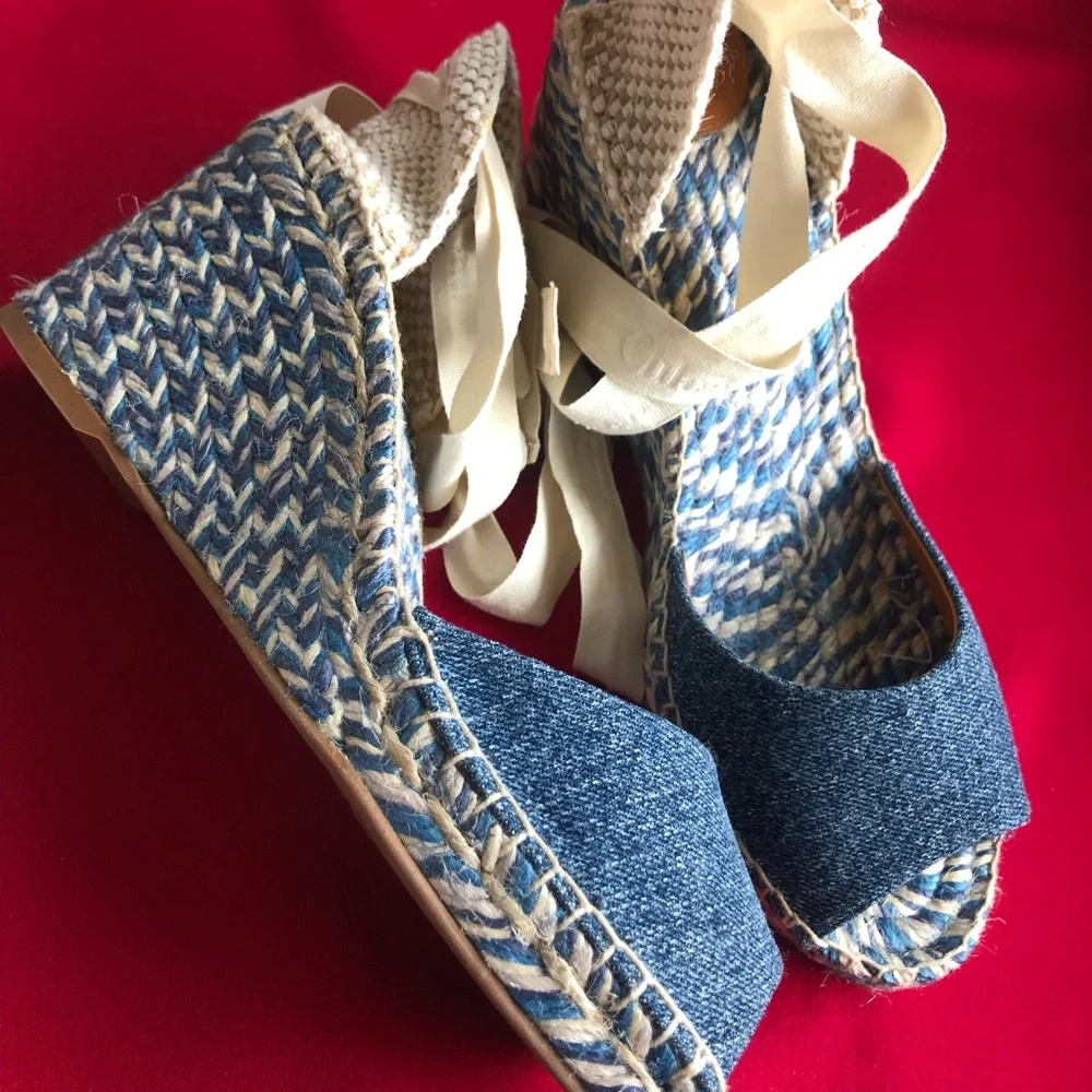 Chloe Blue Denim Espadrille Wedge Sandals with Cream Ankle Ties
